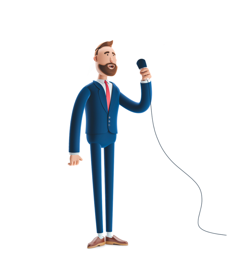 cartoon hombre con micrófono hablando en público